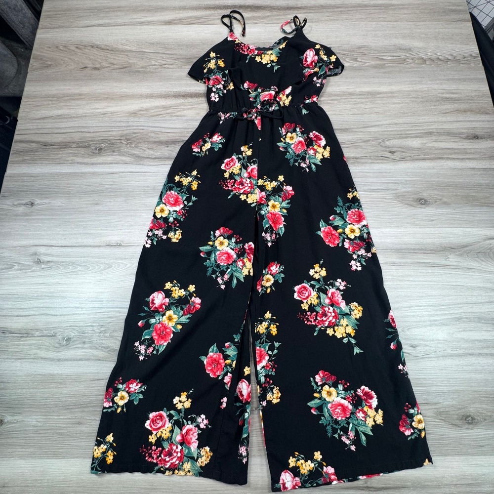 My Michelle Black Floral Wide‎ Leg Jumpsuit Boho Ruffle Cold Shoulder XS
